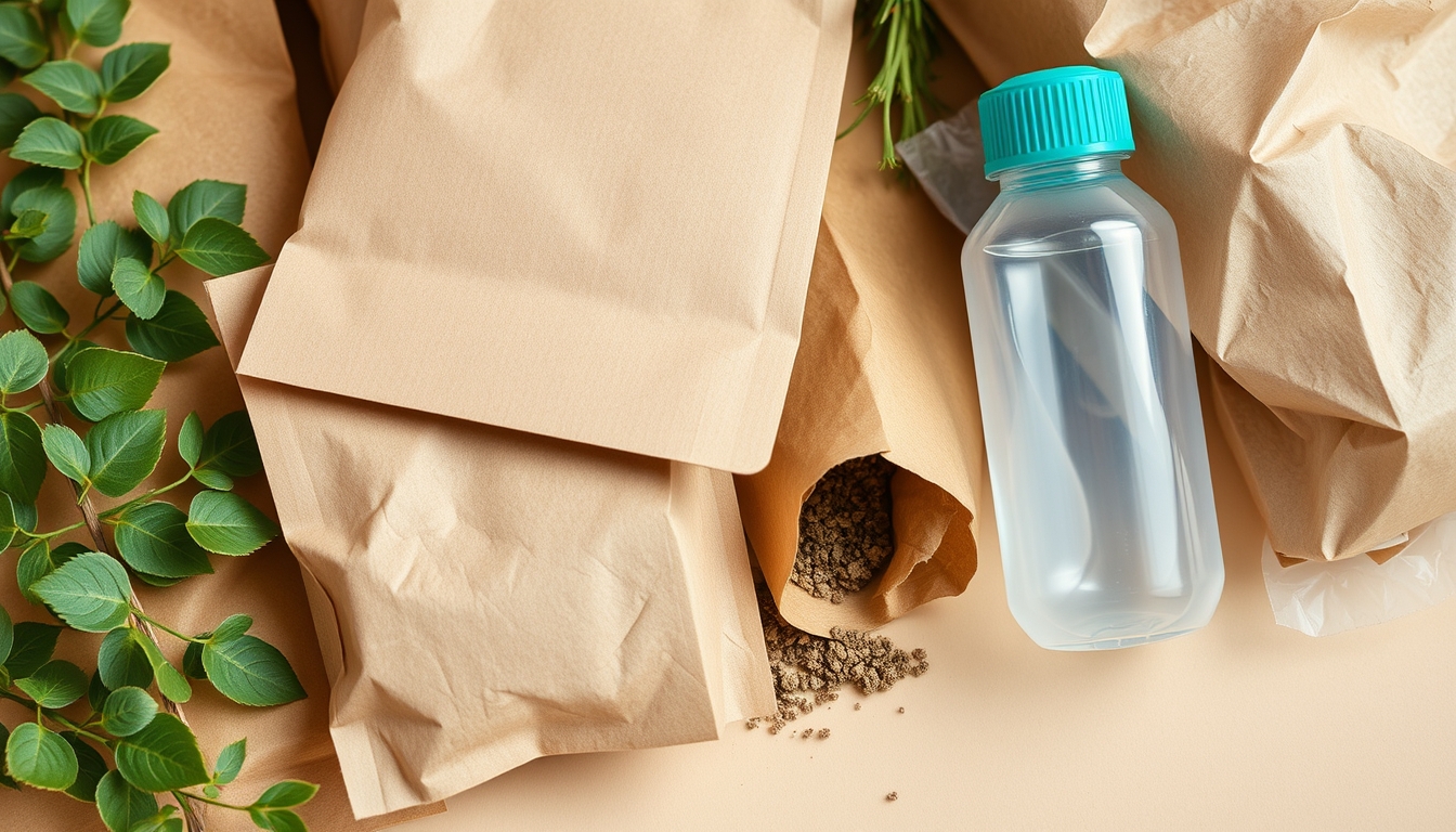 A detailed close-up of sustainable packaging materials, including cardboard, paper, and biodegradable plastics, arranged aesthetically on a neutral background. - Image