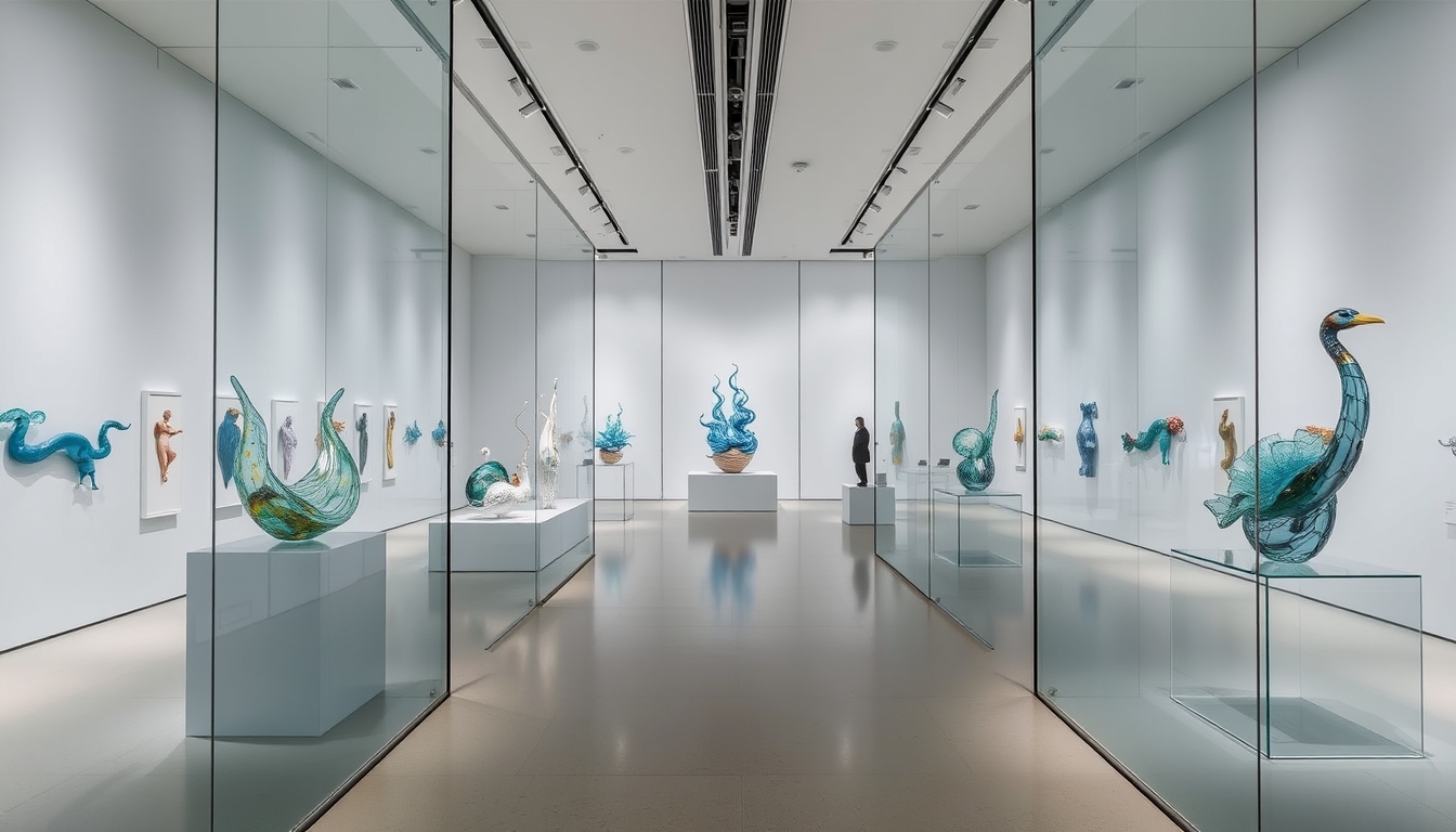 A modern art gallery with glass walls, showcasing contemporary glass sculptures.