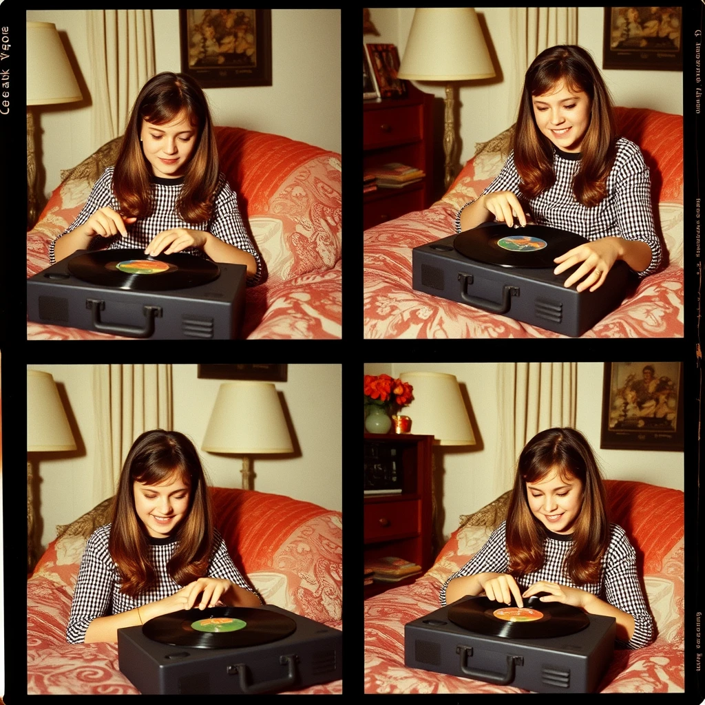 Kodak photos, Wide photo arrangement featuring 6 frames of a 15-year-old teenage preppy and pretty girl in Greenwich Connecticut in 1971, in her bedroom listening to her record player. In each frame, she maintains consistent features but showcases different expressions, such as joyful, funny, smile, playful, nice, etc. Each frame is uniformly sized and evenly spaced for hassle-free cropping; she maintains consistent features but showcases different expressions.