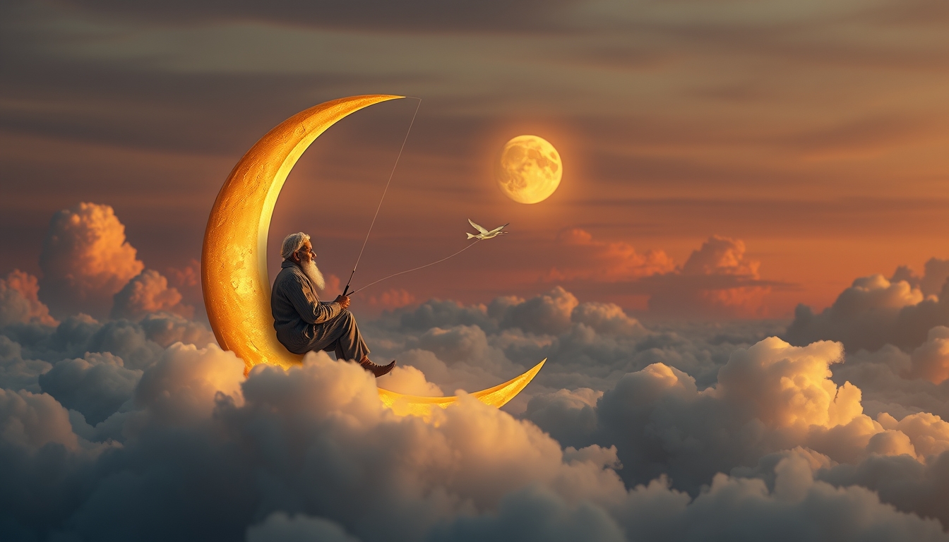 An old man sits serenely on a crescent moon, fishing among the clouds. The scene has an evening, tranquil atmosphere. It’s dreamy and whimsical. Deep depth of field, photography, National Geographic photo, hyper-realistic, 16k resolution, masterpiece, award-winning artwork, many details, extremely detailed, full of details, wide range of colors, high dynamic. - Image