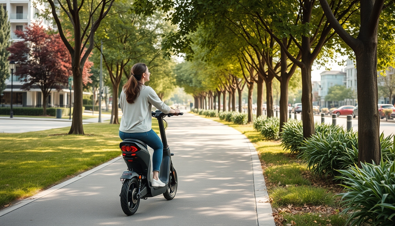 Woman riding an electric scooter on a tree-lined path in a sustainable city.