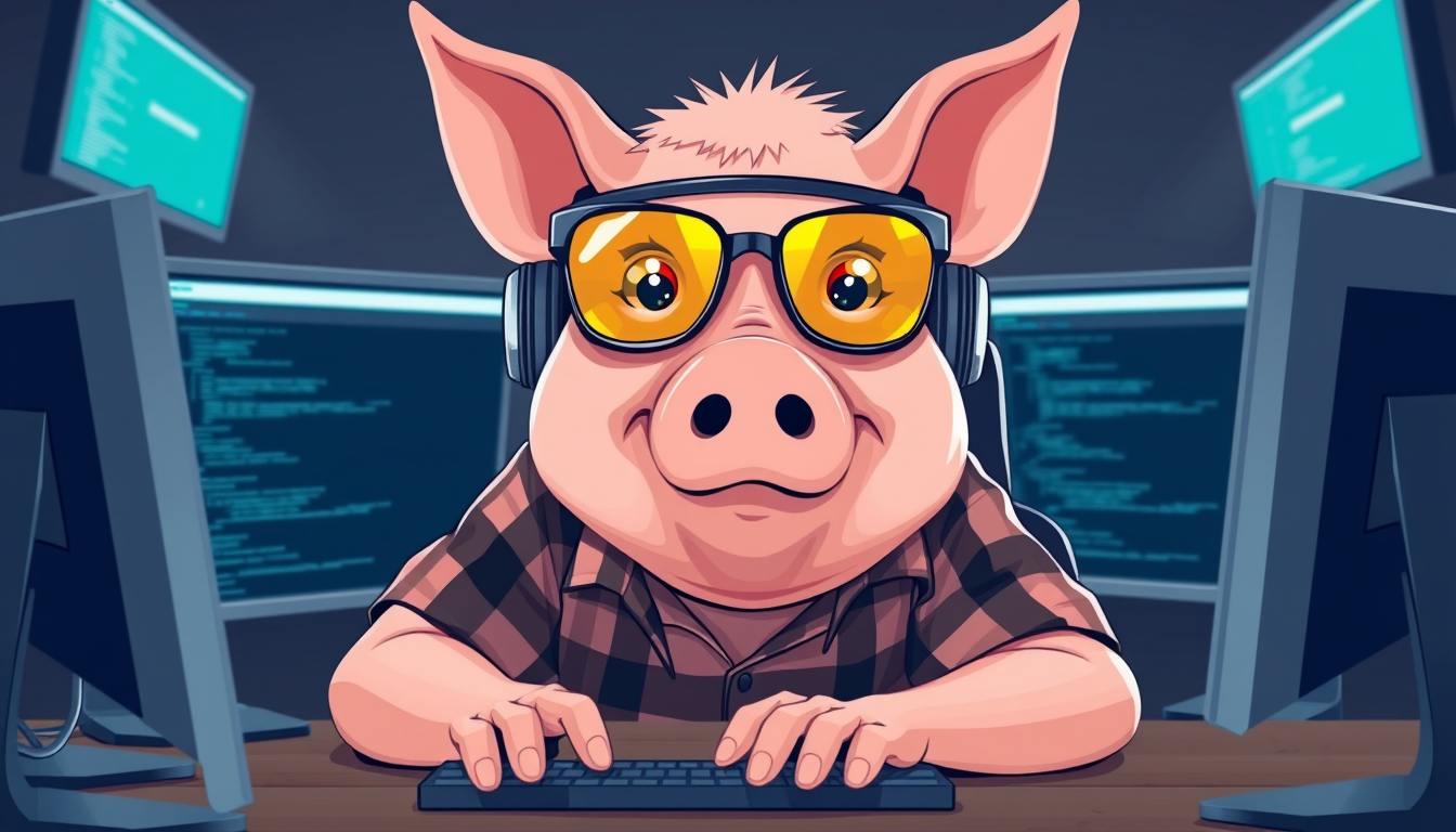 A tech-savvy pig programmer, wearing yellow-tinted glasses and sleek noise-canceling headphones, hunches over a cutting-edge multi-monitor setup. The anthropomorphic pig exudes focus as it types furiously while dressed in a plaid t-shirt.