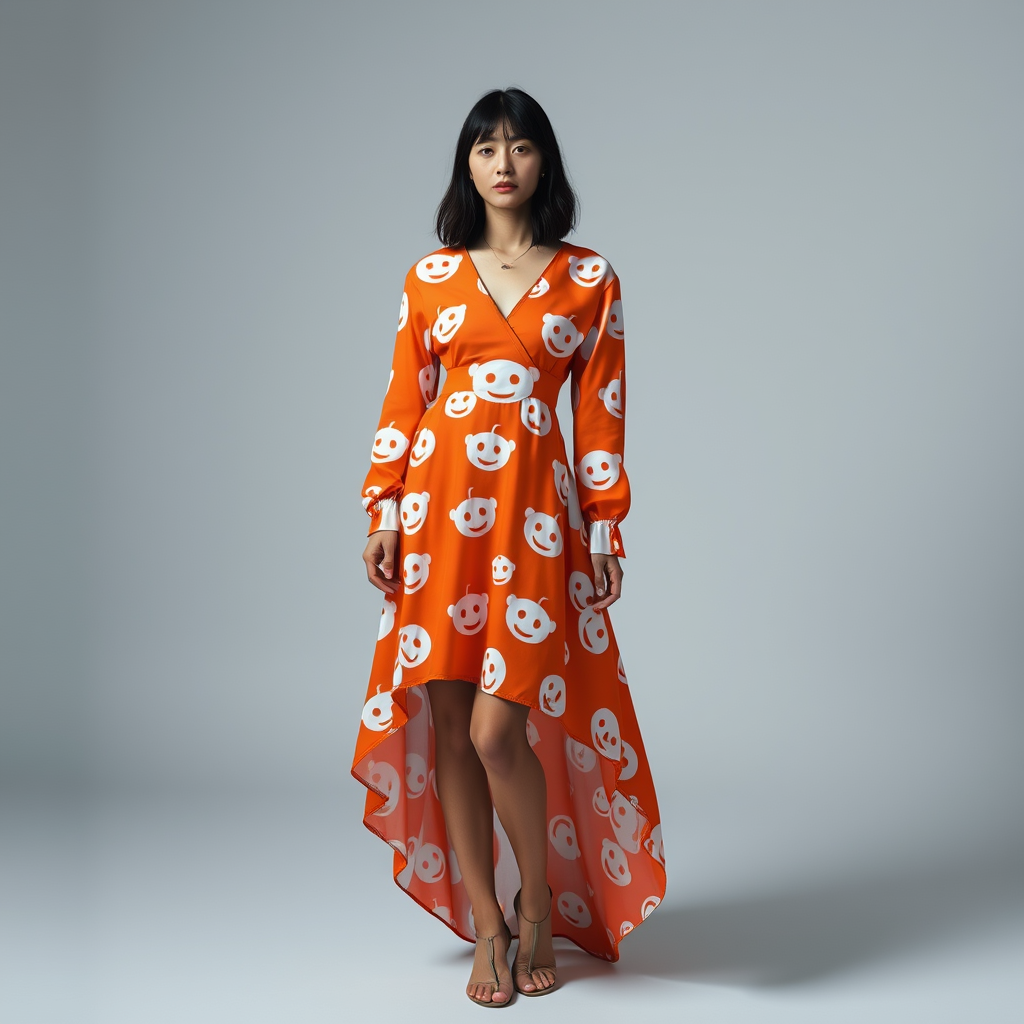 A Japanese model posing in an orange and white, cotton, V-neck, high-low dress, shorter in the front with a train, long sleeves, featuring a Reddit logo pattern, shot in the studio, studio shot, high fashion photography, in a photograph by Alasdair Mclellan. - Image