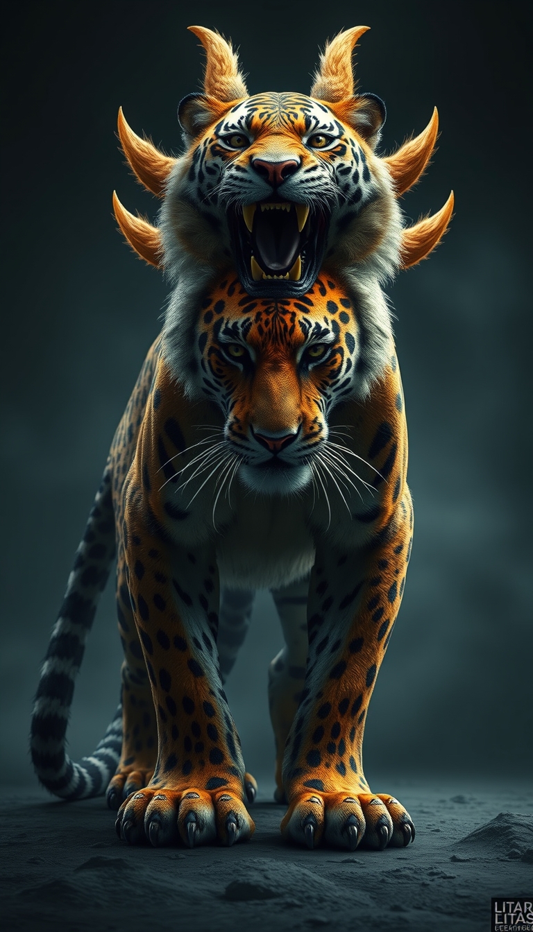 (Ultra realistic) a monster that has a tiger head, leopard body pattern, 5 lion's tails.