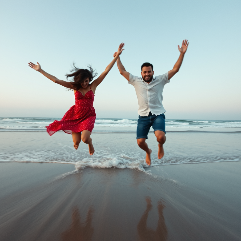 Super Slow Motion Shot of a couple jumping on the beach Moving Towards Camera. - Image