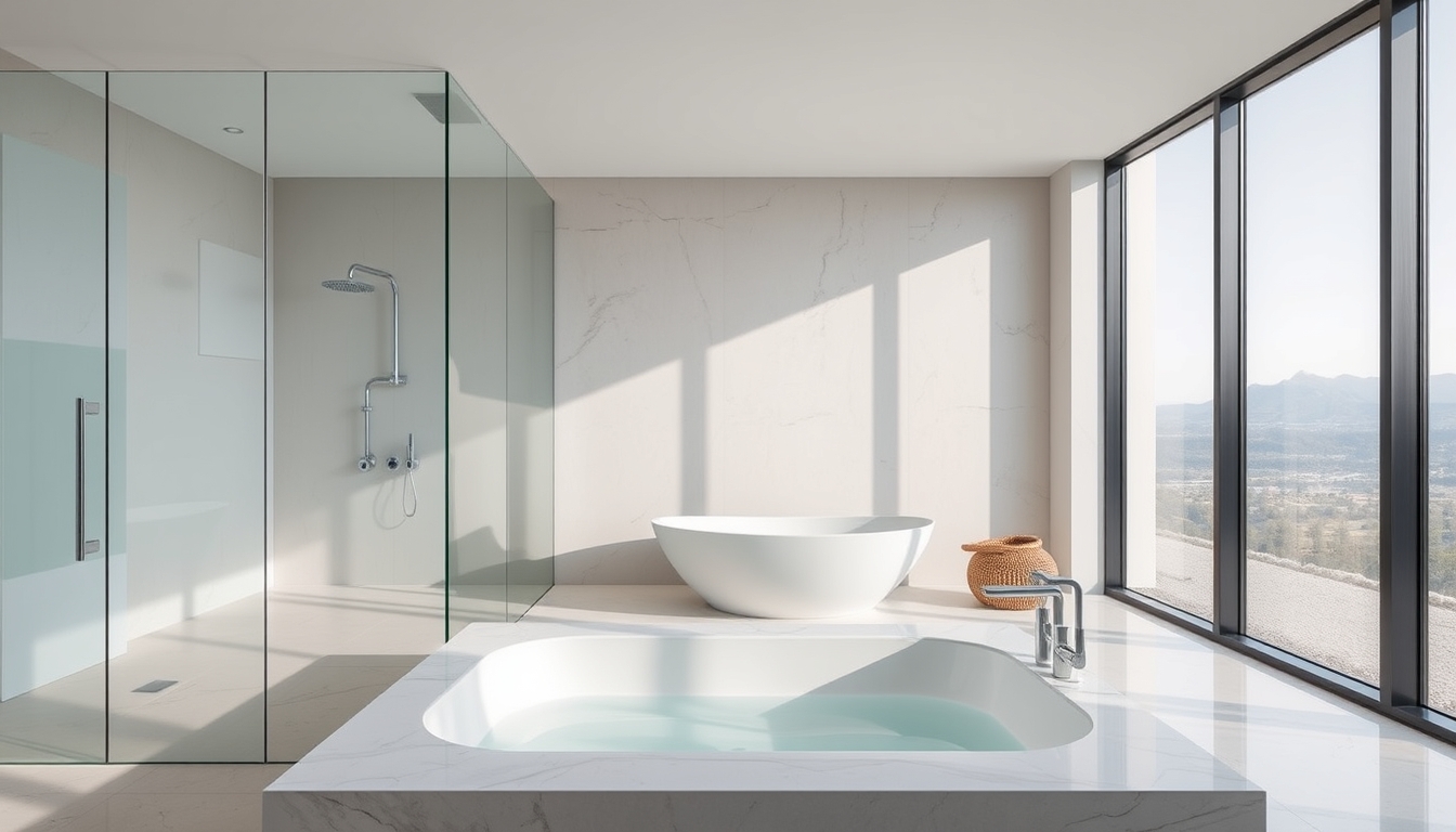 A sleek modern bathroom with glass walls and a luxurious soaking tub.