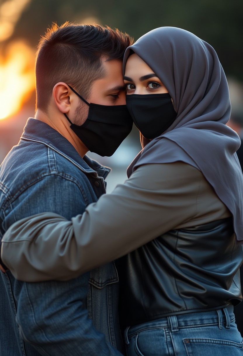 Jamie Dornan's head and body shot, handsome, black face mask, jeans jacket, jeans, dating, love couple, with the biggest grey hijab Muslim girl, black face mask, beautiful eyes, black leather jacket, biggest skirt, taking picture, DSLR Canon camera, sunset, hyper-realistic, street photography. - Image