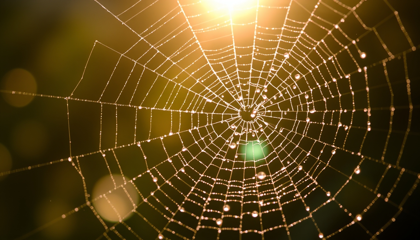 Close-up of a dew-covered spider web glistening in the morning sun, with bokeh background.