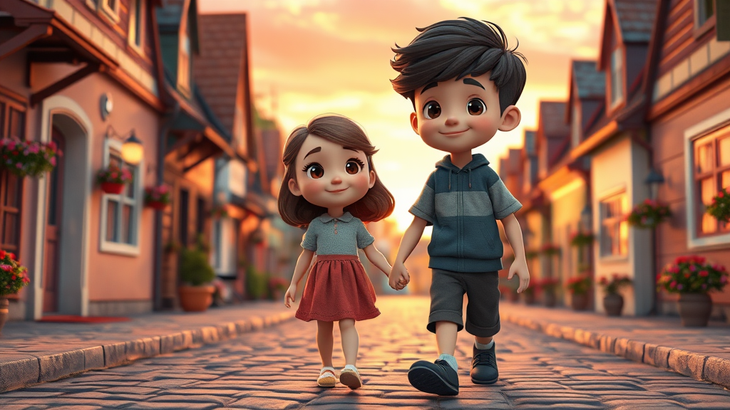 A sweet and heartwarming 3D animation scene set in a charming small town. A young girl and a boy, portrayed as star-crossed lovers, walk hand-in-hand down a cobblestone street lined with quaint, colorful houses. The boy has a smile on his face, while the girl blushes shyly. The background features a picturesque sunset with a warm, golden light, casting a romantic atmosphere over the scene. - Image