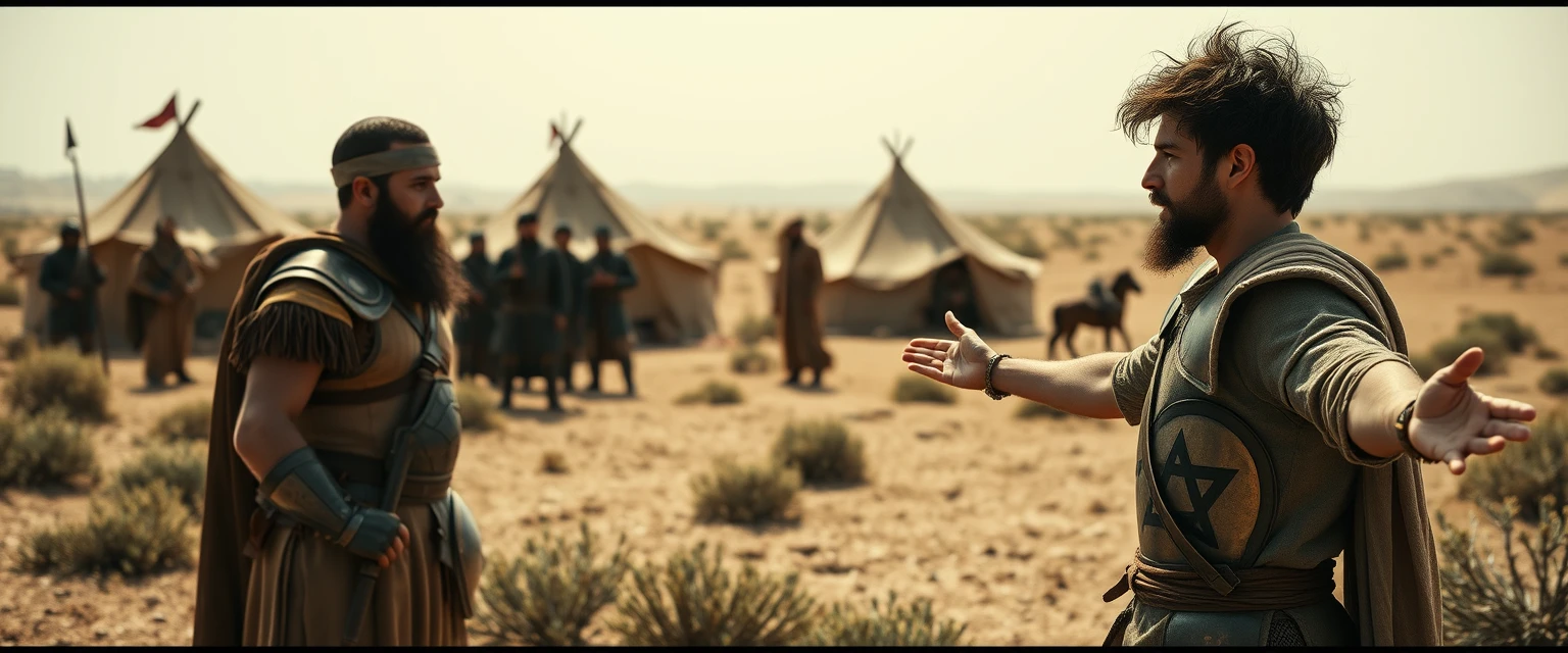 Create a scene of two men standing apart, arguing and staring at one another. The man on the right is a young Jewish lad in his mid-20s, dressed as a simple shepherd, with his arms stretched out to the sides. He has dark, messy, unkempt hair and a beard, and looks shocked. The man on the left is a Jew in his mid-30s with a black Jewish beard, wearing only a full suit of biblical-era Israelite armor. A group of four soldiers is gathered next to the man on the left. In the background, Arabic army tents are pitched on desert shrub land. The overall mood of the image is one of anxiety and concern. - Image