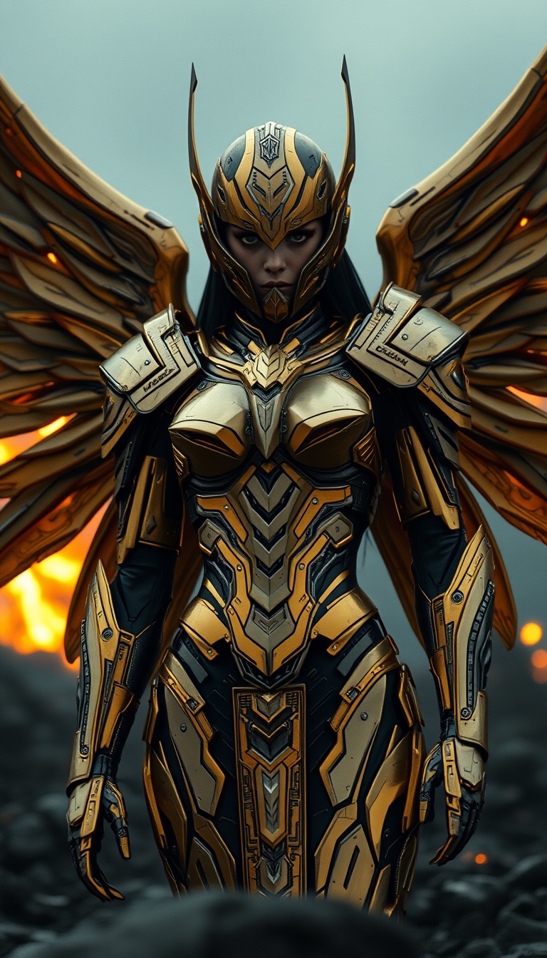 Cinematic shot of a cyborg female battle angel rising from ashes, golden regal Valkyrie armor, futuristic, full smooth helmet, standing on a battlefield, movie scene, film grain, realistic, shot from below, dark lighting. - Image