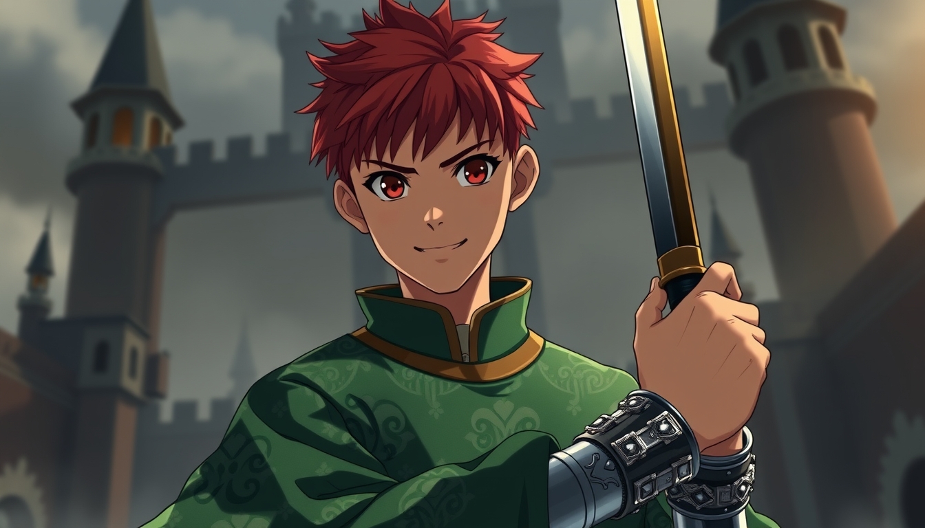 Miyazaki Hayao style, Miyazaki Hayao style, Miyazaki Hayao style, Anime, Anime, A young male warrior with very short red hair, wearing a medieval Sogdian noble emerald green pullover with mysterious patterns, small eyes, big mouth, silver wristbands in royal style, has one hand holding a sword in a magical style. His expression appears deep and dark. A smile with teeth visible. The character design is in the style of anime. A medieval dark deserted castle in the background, epic scene, in the style of Craig Mullins, two-thirds body, 4k, UHD, best quality, vibrant colors, accurate body structure. - Image