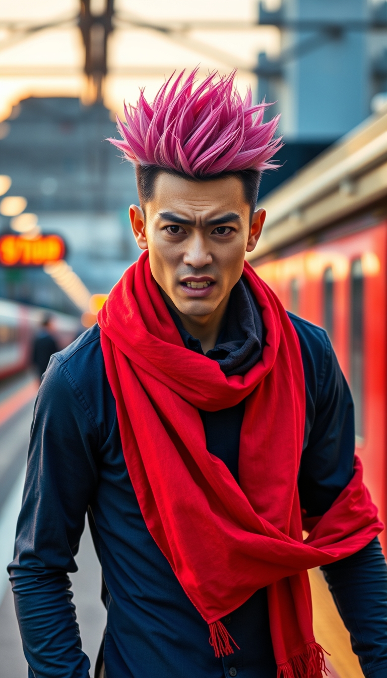 A Japanese guy wearing a dark blue long sleeve dress with a red scarf around his neck, pink spiky hair, a full spirit and energetic expression, looking angry, during the golden hour at Tokyo train station with a bokeh effect. - Image