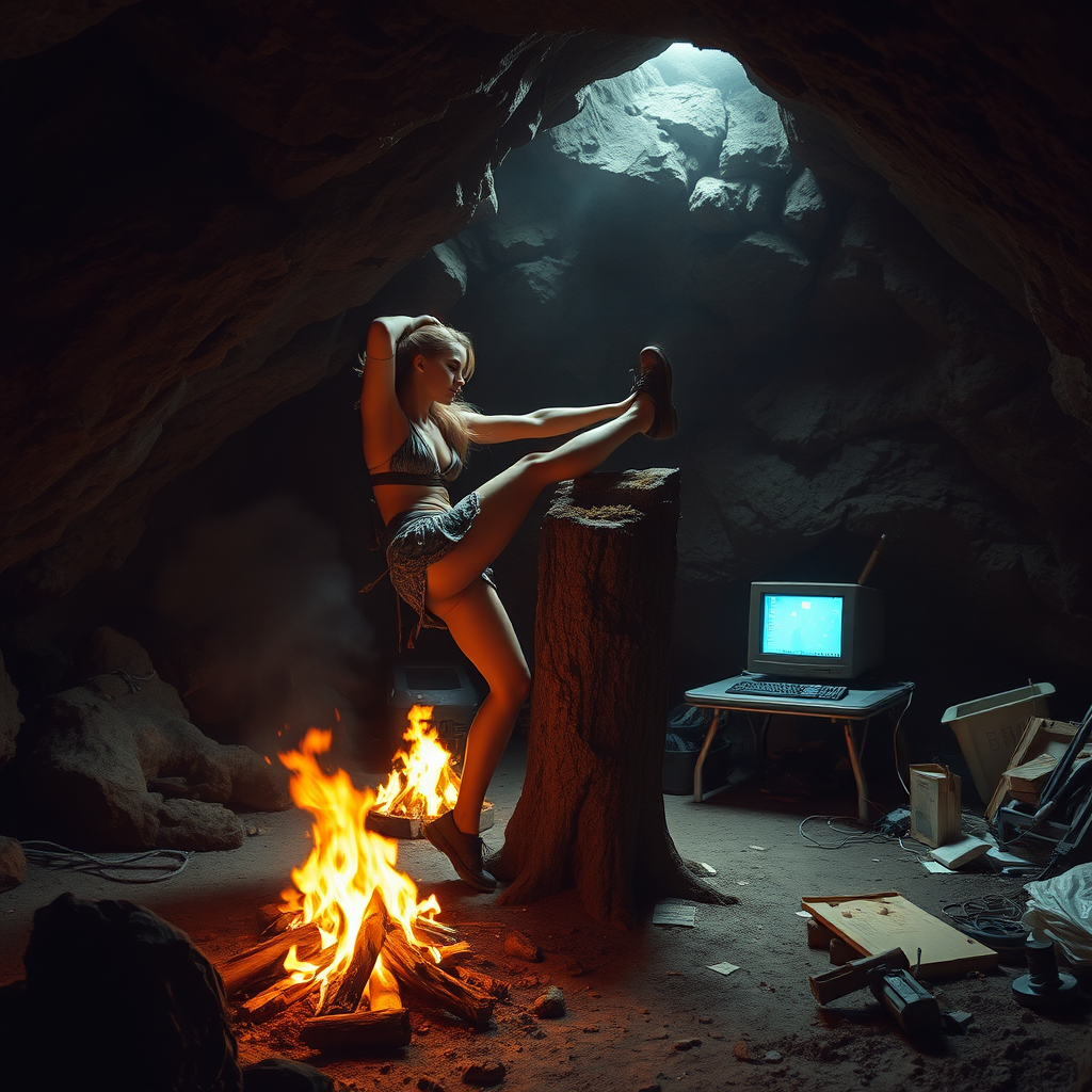 Real-life photography: At night, in the cave, there is a female barbarian kicking a tree stump. The cave is very large, with a bonfire, a 90s desktop computer, and some messy household items.