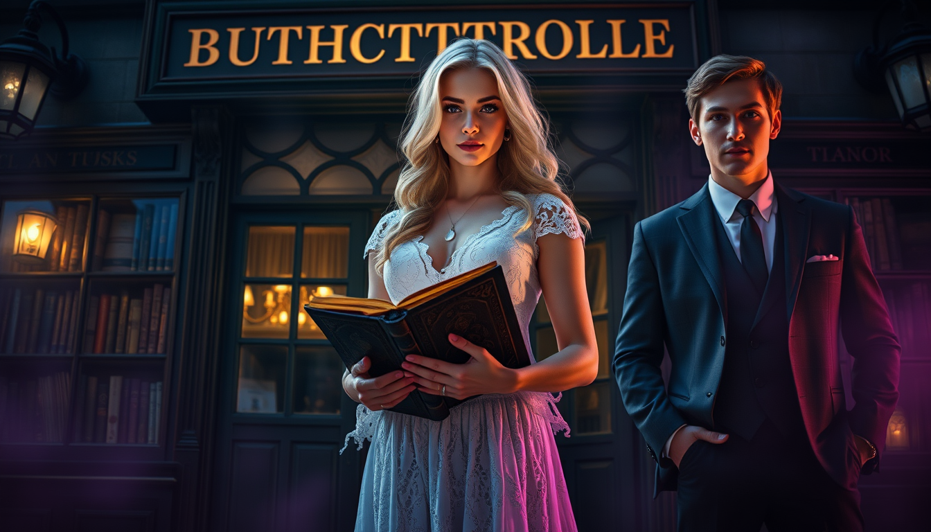 A mesmerizing blonde woman in a flowing white lace dress stands confidently before an antiquarian bookstore. She clutches an ancient, leather-bound grimoire, its pages glowing faintly. Two men flank her: a rugged, muscular brunette with a 5 o'clock shadow and a polished blonde in a tailored suit. Twilight bathes the scene in an ethereal, violet light, casting long shadows and illuminating mist. - Image