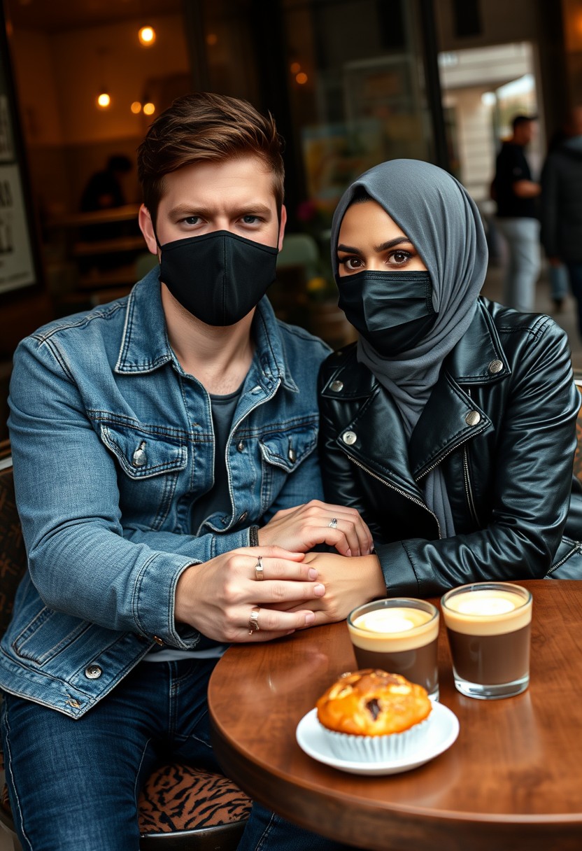 Jamie Dornan's head and body shot, handsome, black face mask, blue jeans jacket, jeans, dating a loving Muslim girl in a grey hijab, beautiful eyes, black face mask, black leather jacket, biggest tiger pattern skirt, at a cafe, 2 cups of latte, muffin cake on a table, photorealistic, hyper-realistic, street photography, selfie.