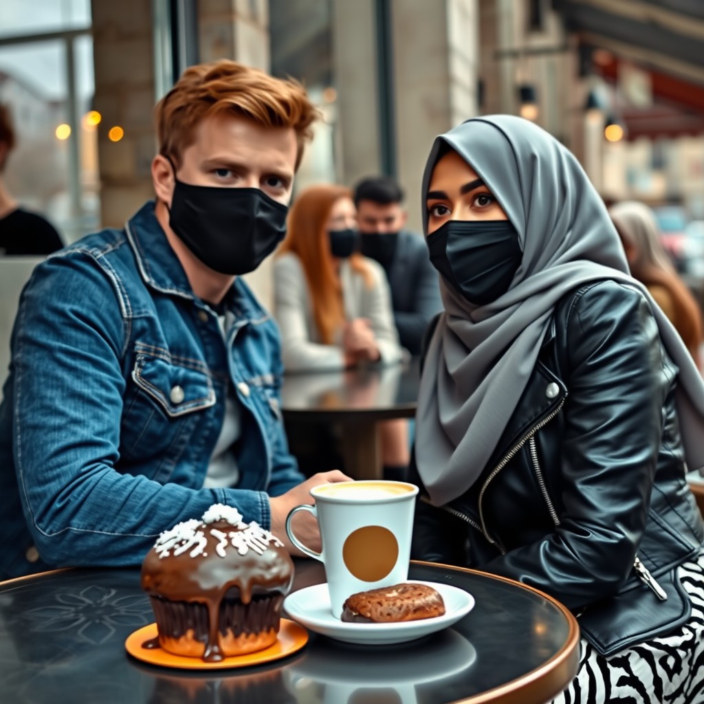 Jamie Dornan's head and body shot, handsome, black face mask, blue jeans jacket, jeans, dating a Muslim girl in a grey hijab with beautiful eyes, black face mask, black leather jacket, the biggest zebra pattern skirt, at a café, 2 cups of latte, muffin cake, chocolate donut on a table, with another 3 friends in the back, photorealistic, hyper-realistic, street photography, selfie. - Image