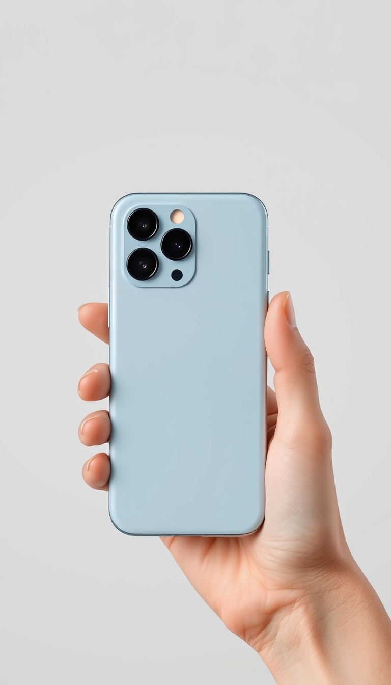 A marketing image showing a person holding a light blue smartphone with a rectangular attachment on the back. The phone has three camera lenses in the upper corner. The background is minimalist and light gray, creating a clean and modern aesthetic. The person's hands, slightly tan, hold the phone in a landscape orientation, as if taking a photo or video.