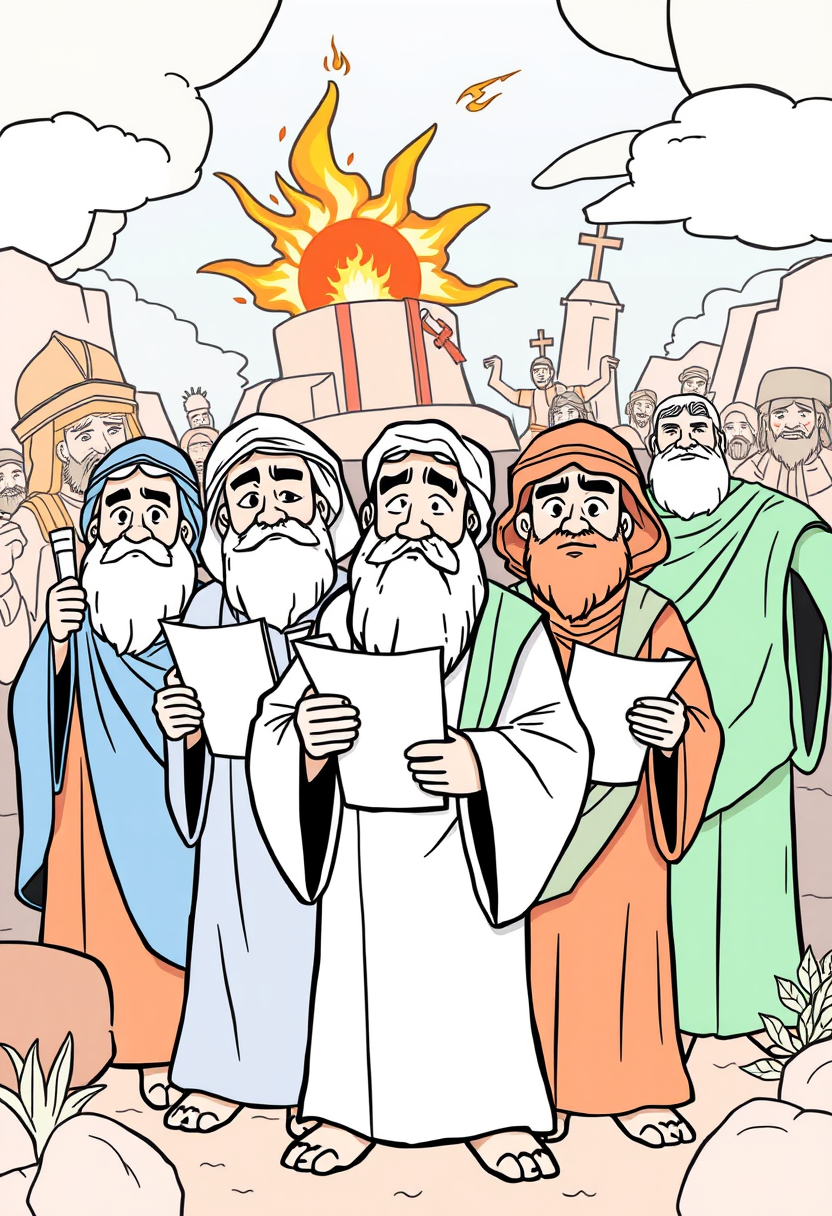 Illustrate various Old Testament prophets, each holding a scroll, set against a backdrop of significant biblical events. A coloring book page, cartoon style, thick lines, low details, no shading.