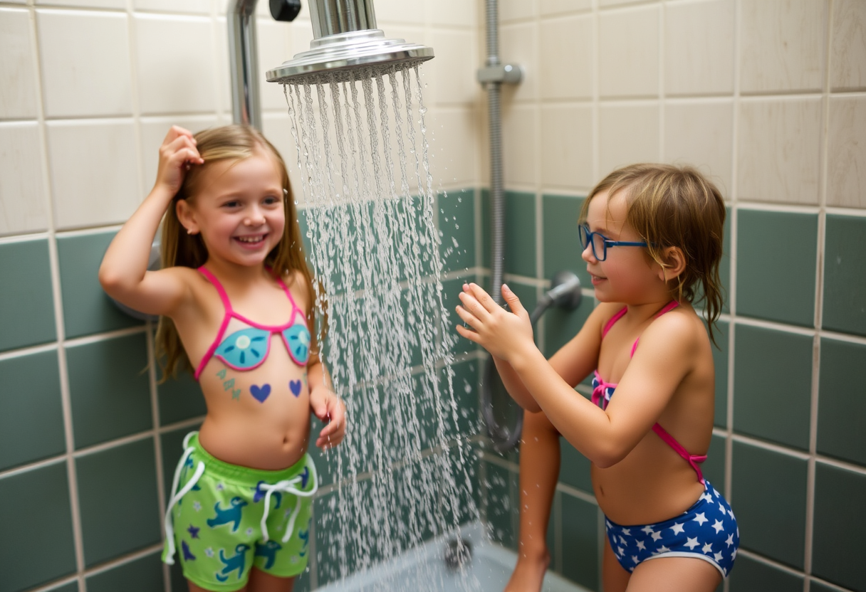 A summer camper creates an ensemble to entice her best friend when they take their post-activity shower.