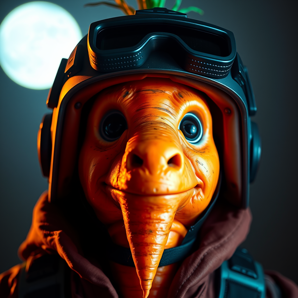 Portrait of a colorful carrot, wearing a ballistic helmet, night vision goggles, bright moonlight, 4k, facing the camera. - Image