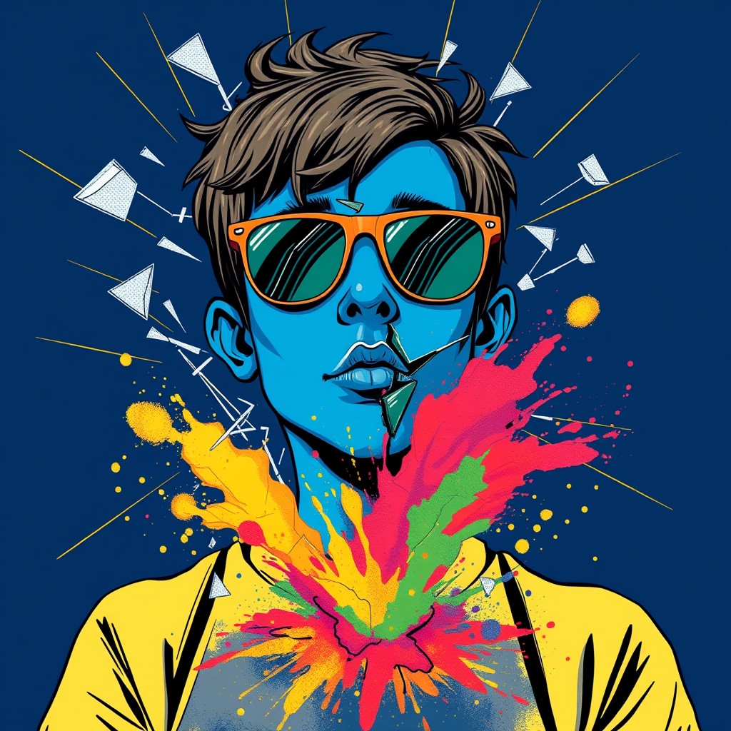 A boy with blue skin and an abstract broken face, wearing sunglasses, surrounded by glass breakage and gold lines on a dark blue background, with a colorful explosion from the spillage of powder. Illustration style, Andy Warhol style, Picasso style. - Image