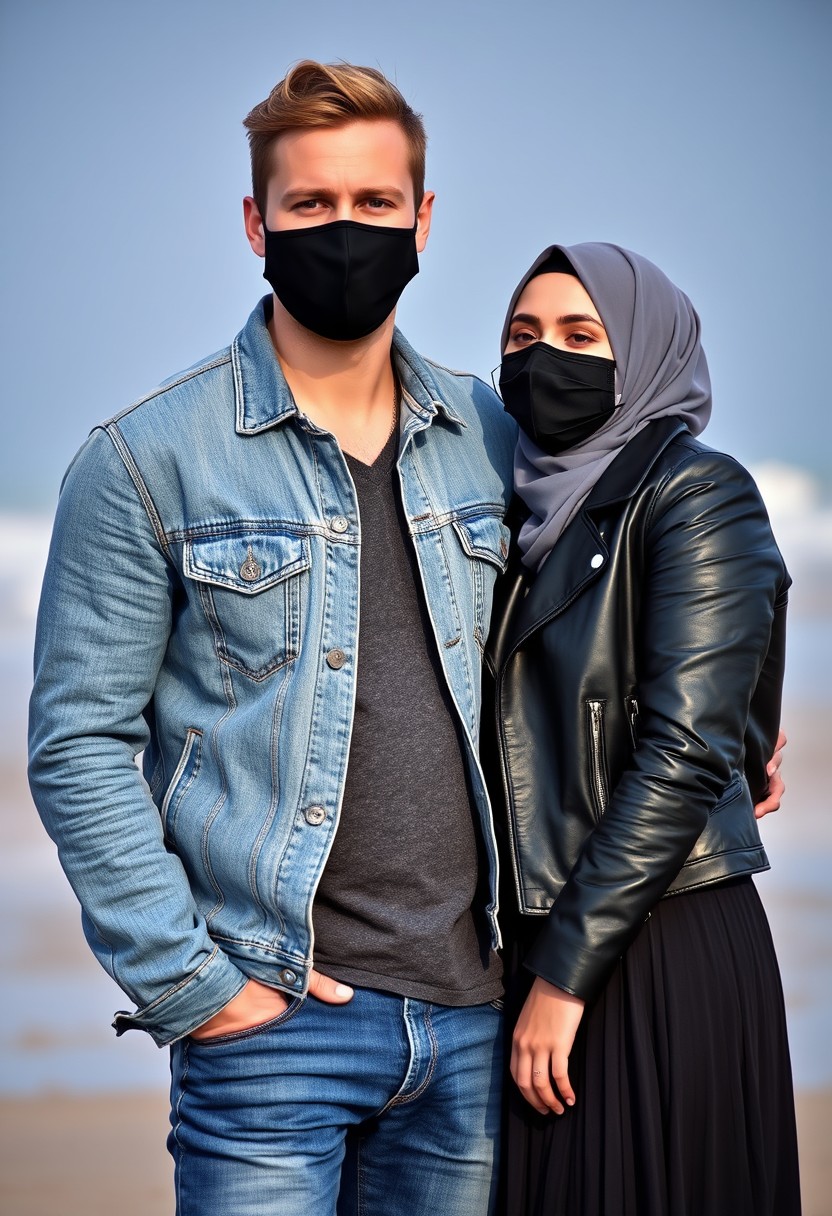 Jamie Dornan's head and body shot, handsome, black face mask, denim jacket, jeans, dating, love couple, joking, with the biggest Muslim girl in a grey hijab, black face mask, beautiful eyes, black leather jacket, biggest skirt, at the beach, hyper-realistic, street photography.