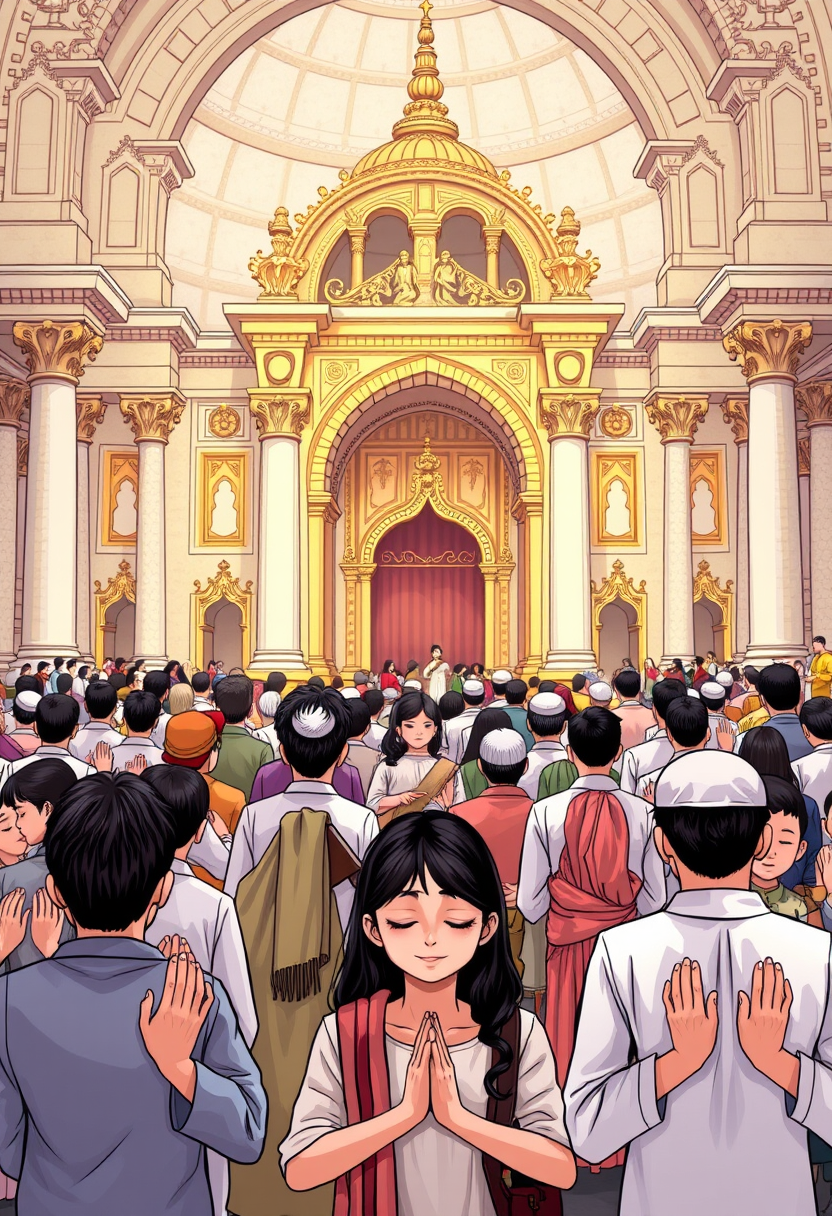 Illustrate people of different ages and backgrounds praying in a grand temple, with a sense of reverence and peace.