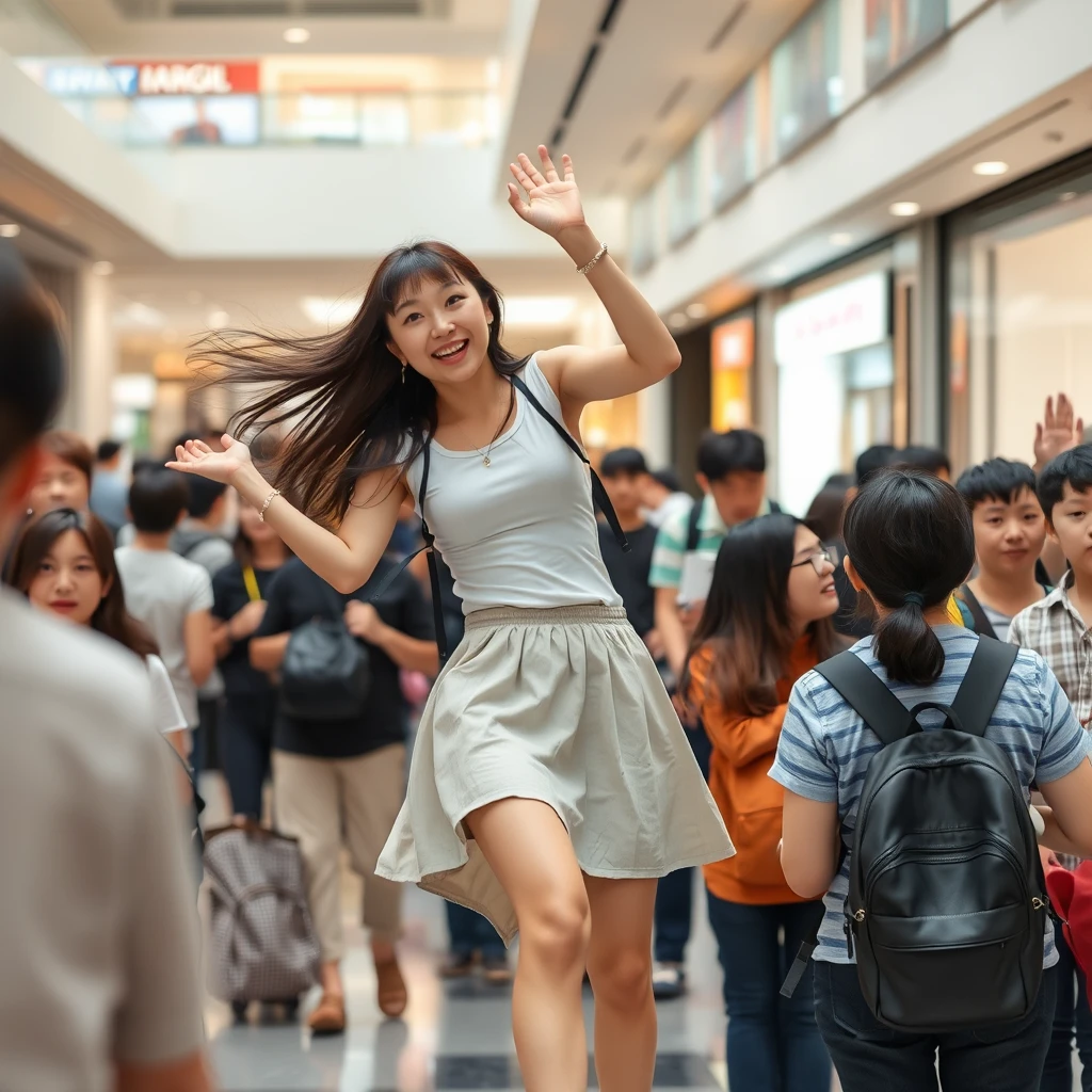 In the mall, there were many people, and one Japanese female student wearing a short skirt flew up; her skin was very fair, and the people around were very surprised.