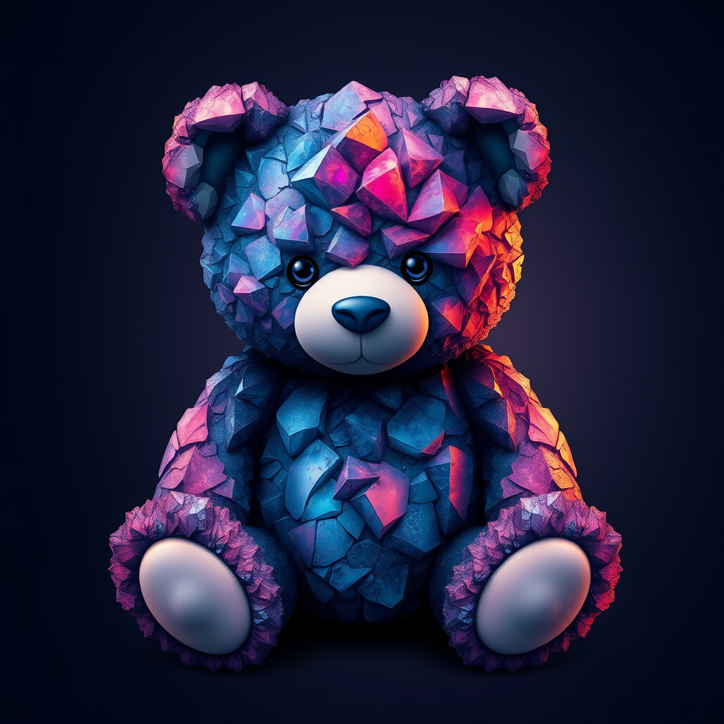 A tee shirt design of a teddy bear whose entire body, ears, and head are perfectly made of a beautiful jagged mineral that looks reminiscent of the universe with uneven colorful shards sticking out. Striking and beautiful, with deep blues and purples contrasting with vibrant reds and orange.