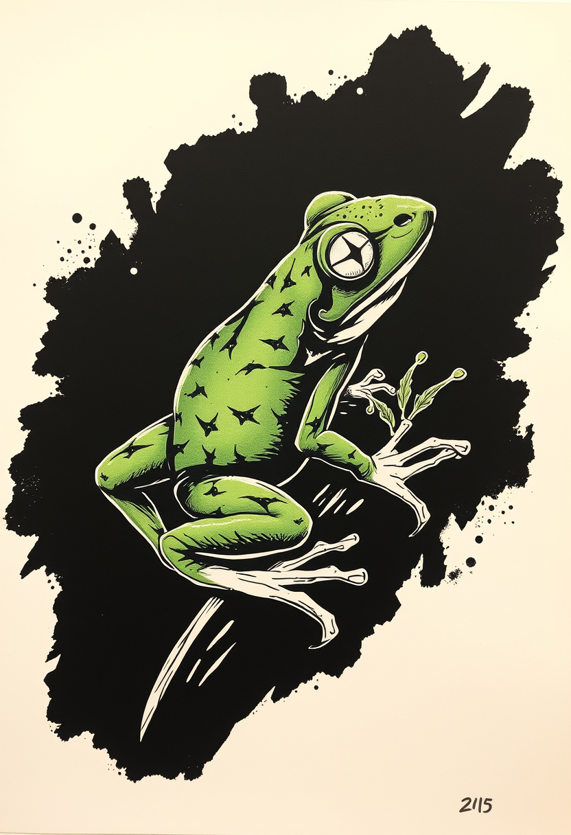 Cannabis frog, stencil Loose Gestural, vector hand-drawn ink, thick trace, two tones images on paper. Black background by Frank Miller.