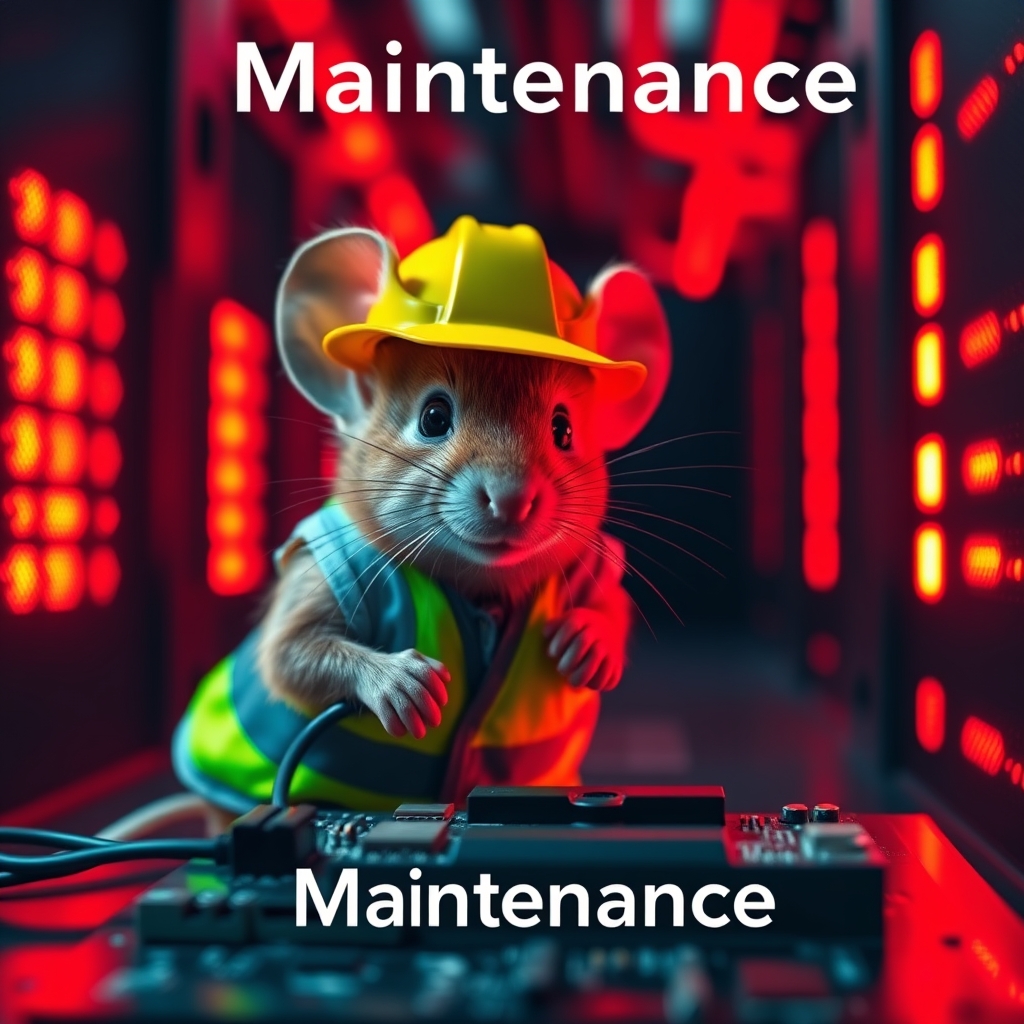 A small mouse with a hard hat and high visibility vest is repairing a circuit board. The mouse has a serious look in his eyes. The background shows a server room with only red emergency lighting, creating a red ambient light. The text background says "Maintenance." - Image