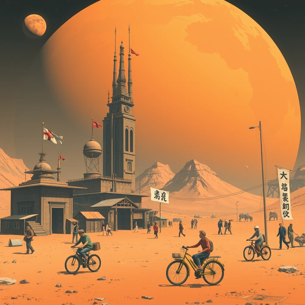 "Logged into Mars, there are strange buildings, there are flags, people are using strange vehicles (like bicycles), and there are Chinese characters or Japanese." - Image