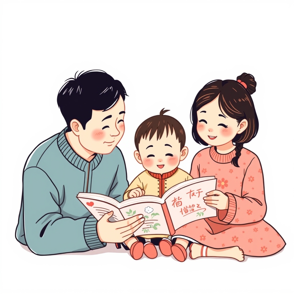 Chinese parents reading with their children, line style.