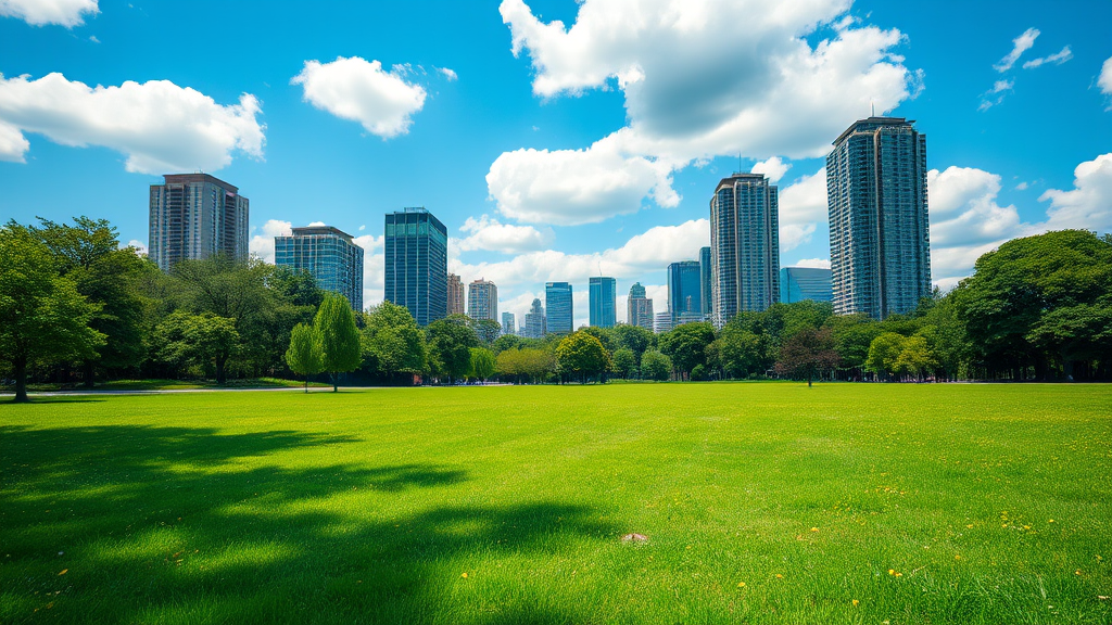 A green grassy field with tall buildings in the background and clouds in the sky, Jung Park, Shutterstock, grass field surrounding the city, sunny park background, park background, blue sky and green grassland, green spaces, park landscape, forest setting with skyscrapers. - Image