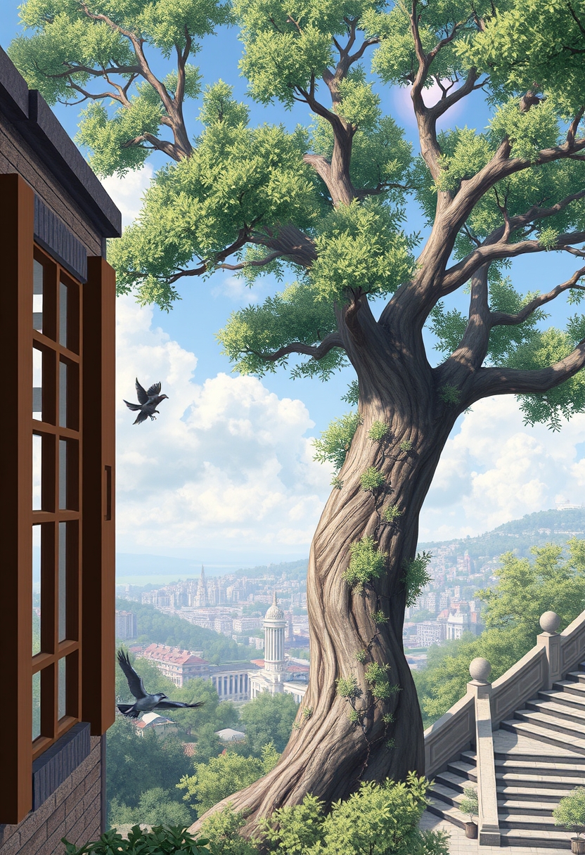 XUER Kingdom of Heaven, outdoors, tree, no humans, window, bird, plant, building, scenery, stairs, city, pillar. - Image