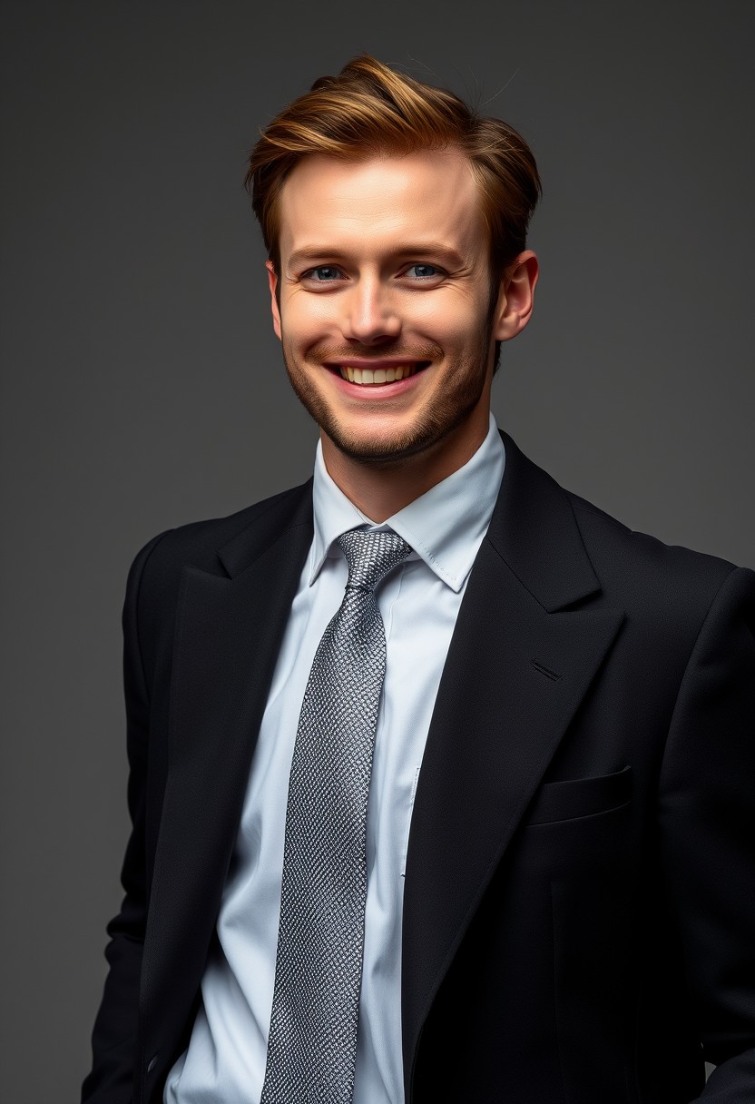 Jamie Dornan's head and body shot, handsome, young, silly smile, white shirt half buttoned, grey patterned tie, black coat suit, leather shoes, leather bag, hyper-realistic, studio photography, full body photography.