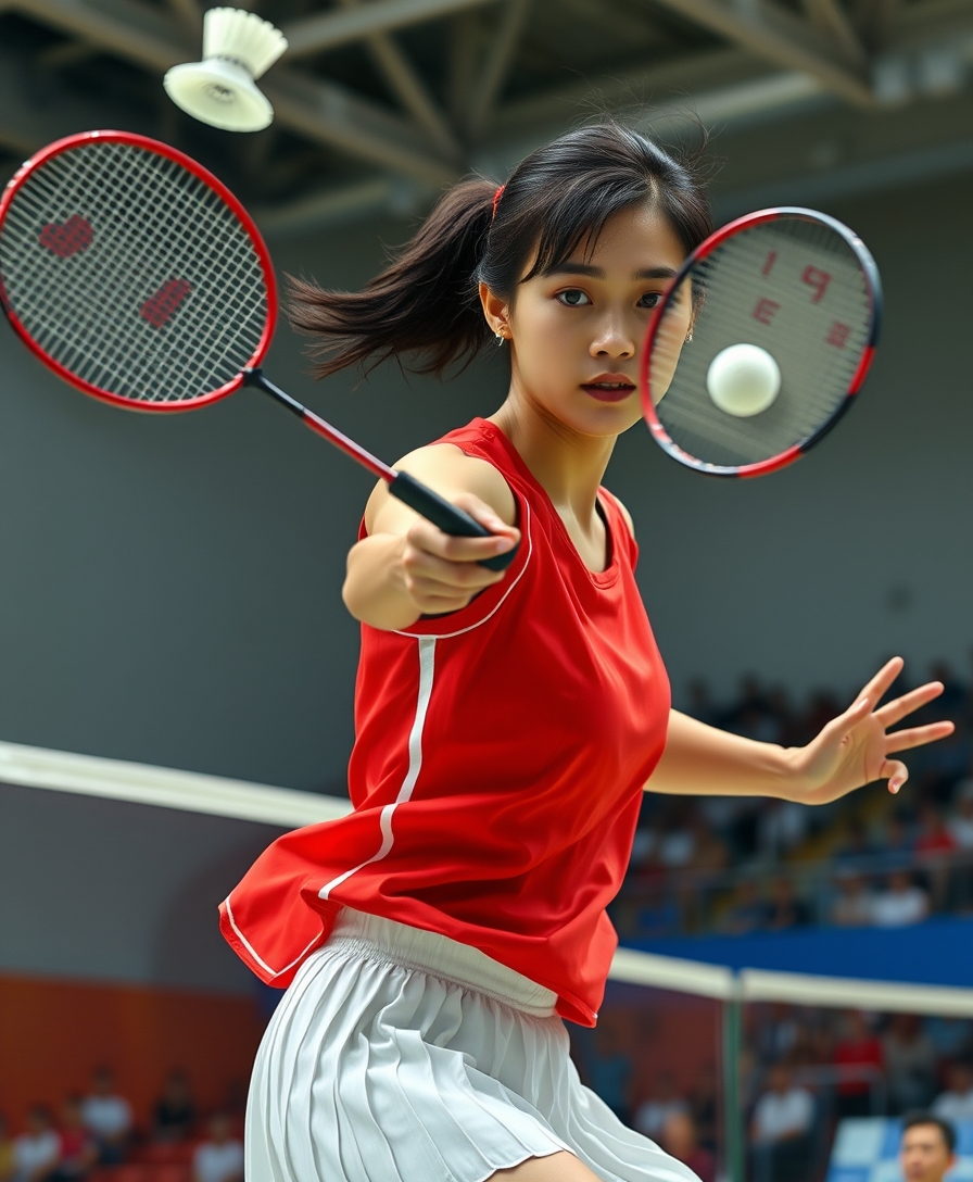 A detailed, realistic portrait of a young woman playing badminton in an indoor sports arena. The woman is wearing a bright red jersey and is mid-swing, her body in a dynamic, athletic pose as she focuses intently on the shuttlecock. The background is blurred, with glimpses of the court, net, and spectator stands visible. The lighting is natural and directional, creating shadows and highlights that accentuate the woman's features and muscular definition. The overall composition conveys a sense of energy, movement, and the intensity of the game. The image is highly detailed, with a photorealistic quality that captures the textures of the woman's clothing, skin, and the badminton equipment. A woman with a beautiful face like a Japanese idol, she is wearing a white pleated skirt. Badminton rackets and shuttlecocks with dynamic swings and motion blur depict the human body with a flawless personality.