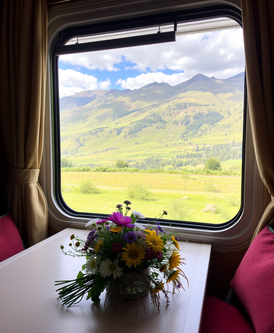 A bouquet of wildflowers on a table in a cozy compartment, a stunning view opens outside the train window.