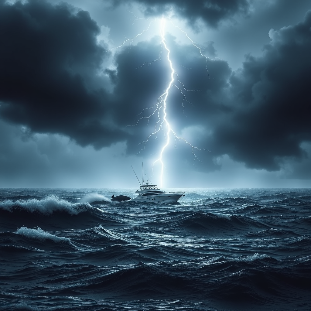 The image shows a small yacht on a sea with rough waves. The sky is covered with dark storm clouds, creating a gloomy atmosphere. In the center of the image, lightning strikes intensely, illuminating the yacht, which gives a very dramatic effect. The flash of lightning emphasizes the silhouette of the waves and the yacht, adding to the tension. The contrast between the dark sky and the bright light of the lightning visually expresses the intense power of nature, intertwined with the rough waves of the sea. A whale overcoming the tumultuous waves can also be seen in this image, allowing one to feel the challenges and dangers of the external environment, as well as the presence of small and fragile humans within it.