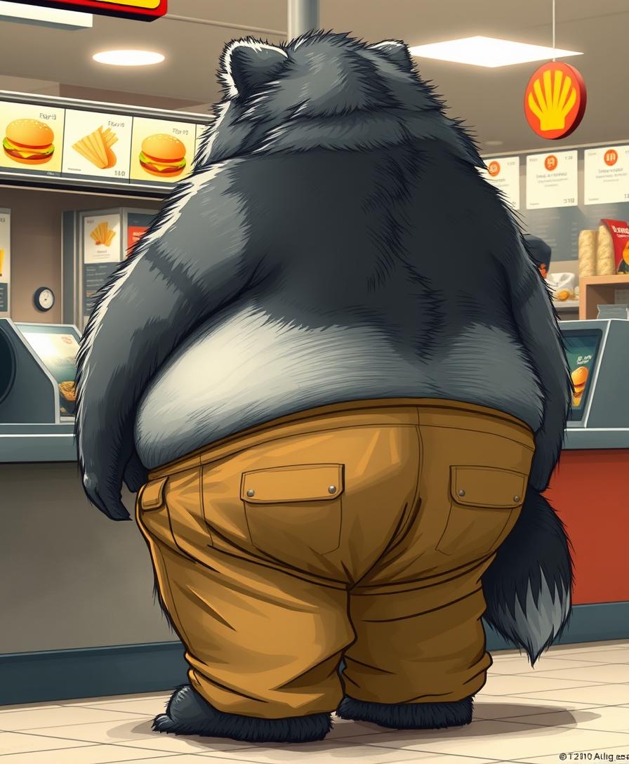 Quarter view, anthropomorphic obese gray bear-wolf hybrid, blended features. Gray and black fur with tan and white fur markings. He has a heavyset body with a wide fat bottom, fat wide double chins, and tan obese big fat baggy cargo pants. Obese double belly overflowing, wide waist, thick tail, and huge ass. Full body, uncropped, fluffy fur. Ordering food from a fast food restaurant. Digital art, semi-realistic.