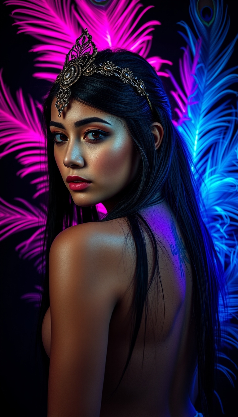 A portrait of a young woman in a dramatic, backlit setting, surrounded by vibrant, colorful peacock feathers. The woman has long, dark hair styled with an ornate headpiece, and a tattoo visible on her exposed back. The feathers are illuminated in shades of pink, blue, and purple, creating a mesmerizing, otherworldly atmosphere. The background is dark, allowing the feathers and the woman's features to be the focal point. Highly detailed, with a sense of movement and energy. Rendered in a photorealistic style.