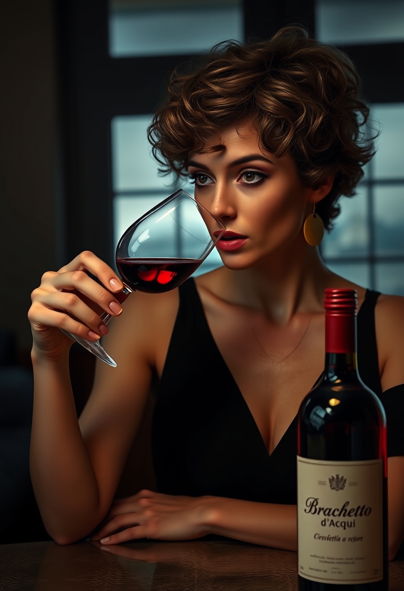 Photorealistic image, beautiful woman with short, curly hair. She is drinking a glass of red, sparkling wine. On a table behind her is a bottle of red wine with the label saying "Brachetto d'Acqui" in a dimly lit room, with a window behind her. - Image