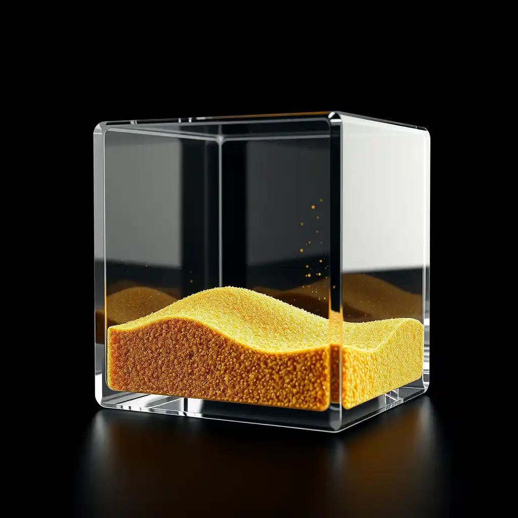 Website home page. golden sand particles. Transparent glass cube, golden sand particles inside. Glass cube contains a mini desert inside, made of tiny golden sand particles. Black background color, shiny cube. Futuristic art style.