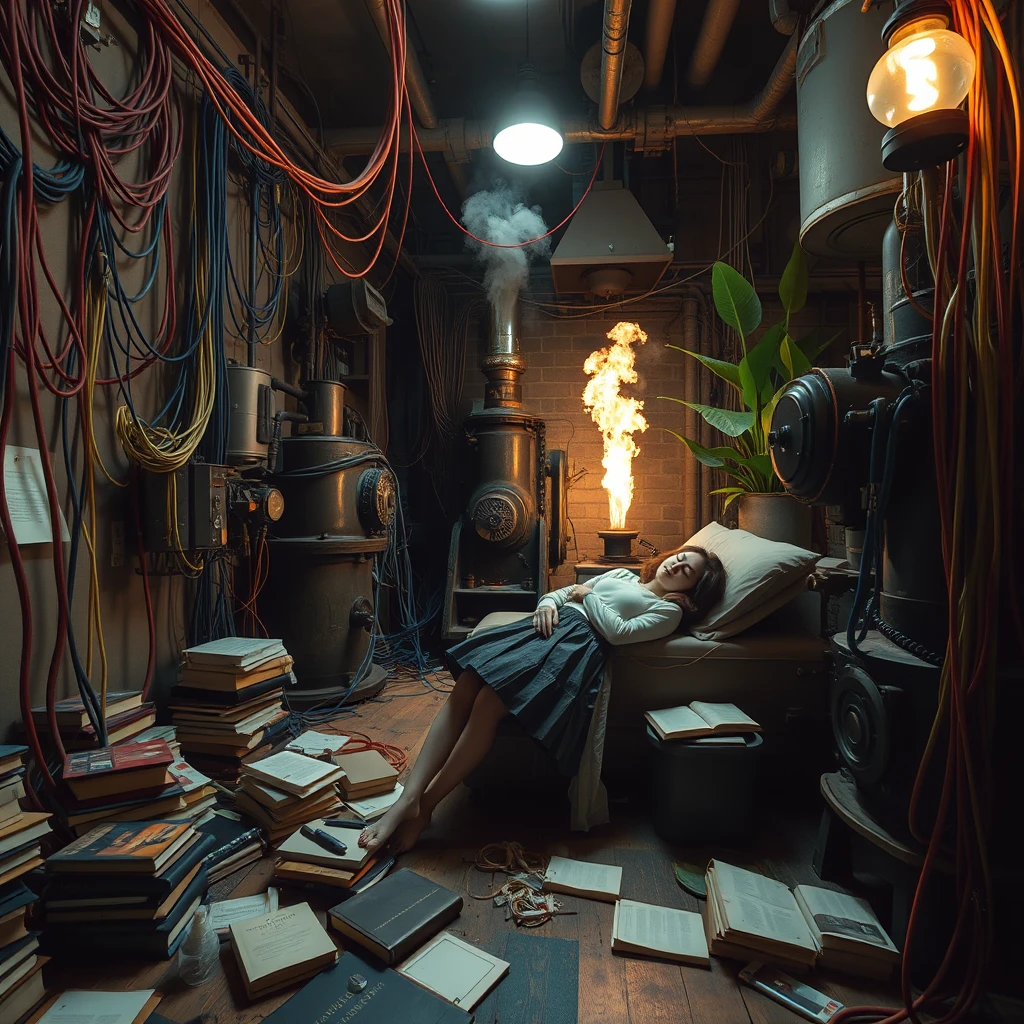 A real-life photograph, wide shot, of a Japanese female student in a skirt sleeping in the corner of a room. The room has some books scattered messily, and many wires of varying thicknesses are on the floor and in the air, including red, blue, yellow, and other colors. Additionally, there are some huge old machines emitting steam and fire. At night, the lighting is dim, and there are some huge plants.