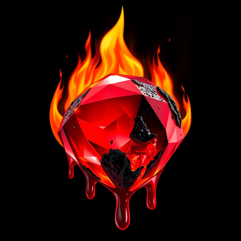 A tee shirt design of a beautiful ruby on fire with beautiful liquid red ruby dripping with flames. The ruby has black char all over it and subtle colorful embers burning in the ruby. Striking and otherworldly on a transparent background. - Image