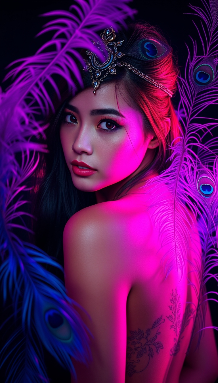 A portrait of a young woman in a dramatic, backlit setting, surrounded by vibrant, colorful peacock feathers. The woman has long, dark hair styled with an ornate headpiece, and a tattoo visible on her exposed back. The feathers are illuminated in shades of pink, blue, and purple, creating a mesmerizing, otherworldly atmosphere. The background is dark, allowing the feathers and the woman's features to be the focal point. Highly detailed, with a sense of movement and energy. Rendered in a photorealistic style. - Image