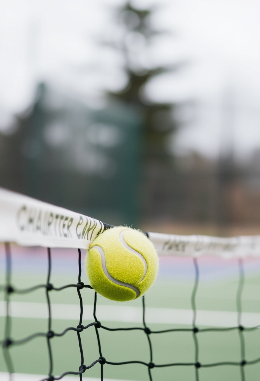 A tennis ball is resting on a net. - Image