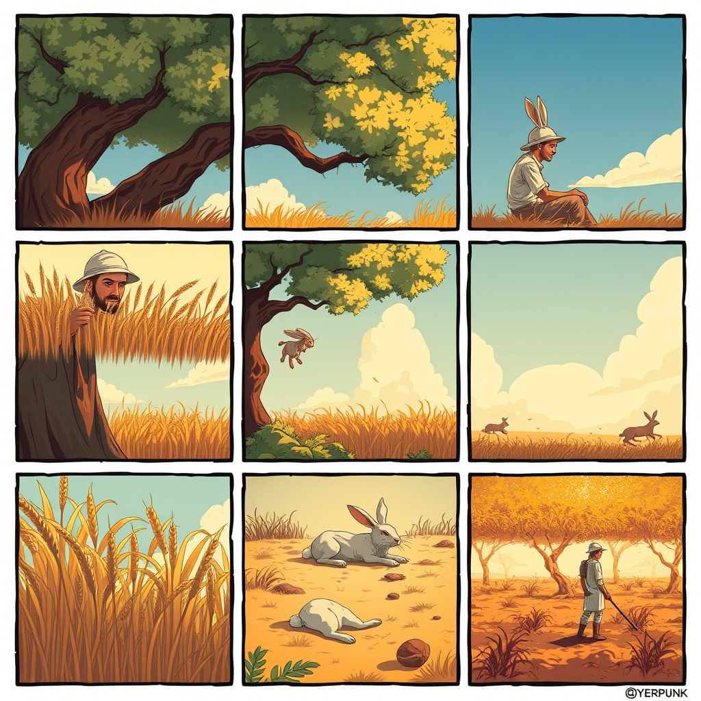 The image style is "cyberpunk," featuring an ancient farmer in a nine cell. The characters in each scene will all use the same farmer, ensuring that the face shape and clothing remain consistent throughout. Cell one is The farmer is harvesting wheat. Cell two is The farmer is sitting under a tree, a rabbit is rushing. Cell three is The rabbit is lying on the ground. Cell five is the farmer sits under the tree. Cell the sixth panel is the farmer sighs while sitting under the tree. Cell the seventh panel is the farmer stares blankly at the sky. Cell the eighth panel is the crops have withered. Cell the ninth panel is the farmer is planting seeds in the field.