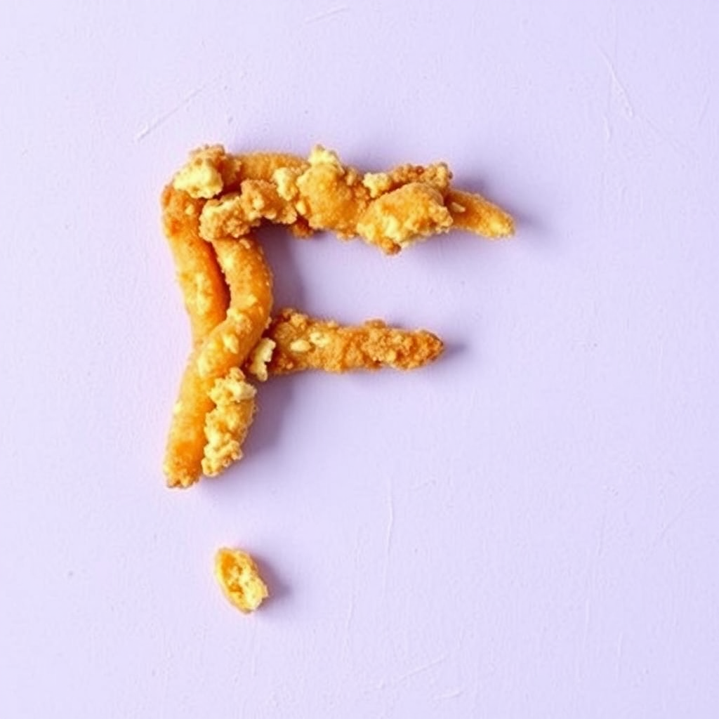 A letter "F" made of fried food in a light purple background, realistic photograph.